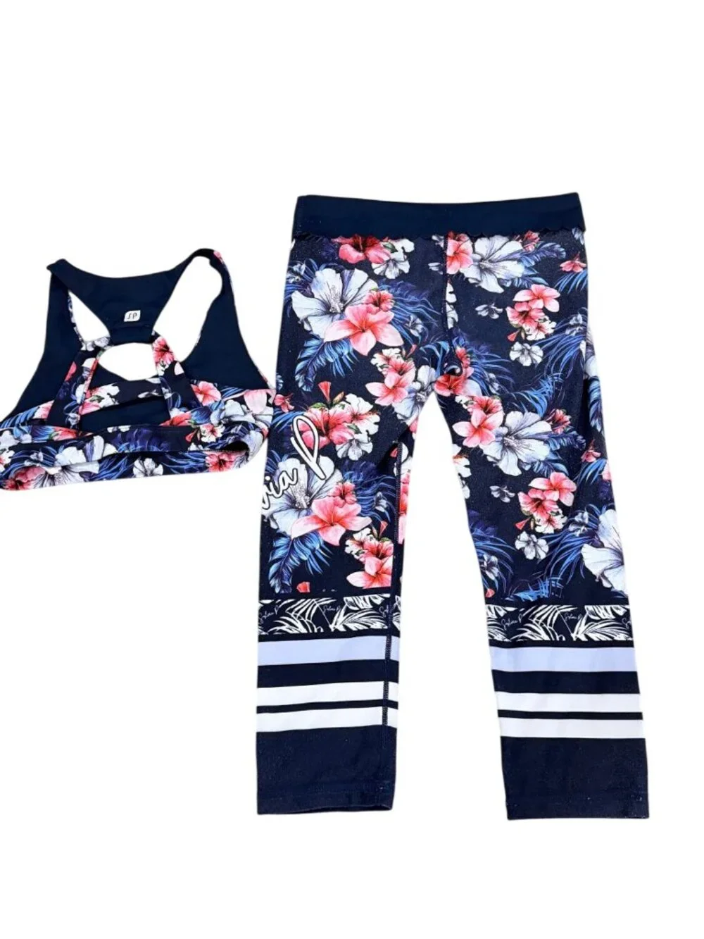 Sylvia P Floral Activewear Set Child Size 6/8 Sports Bra & Capri Leggings Navy P